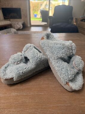 Birkenstock Women's Light Blue Fuzzy Shearling Slide Sandals
